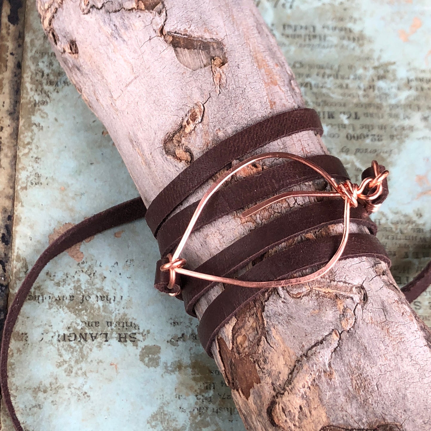 Copper Leaf Choker or Wrap Bracelet – Handmade Wirework Pendant on Brown Leather Lace