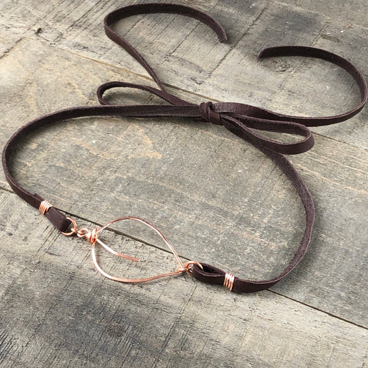 Copper Leaf Choker or Wrap Bracelet – Handmade Wirework Pendant on Brown Leather Lace