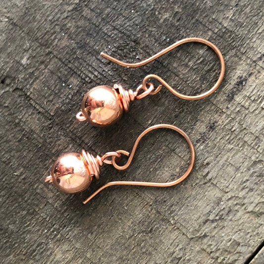 Pure Copper Ball Drop Earrings – Handmade Wire-Wrapped, 8mm Ball Lightweight