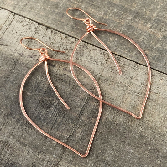 Copper Leaf Earrings – Handmade Large Wirework Hoops, Lightweight Nature-Inspired Dangles