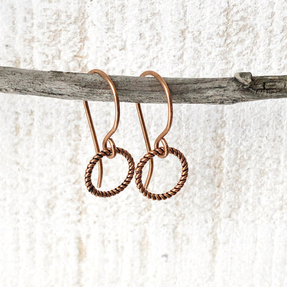 Small Handmade Copper Hoop Earrings – Minimalist 10mm Twisted Wire Hoops