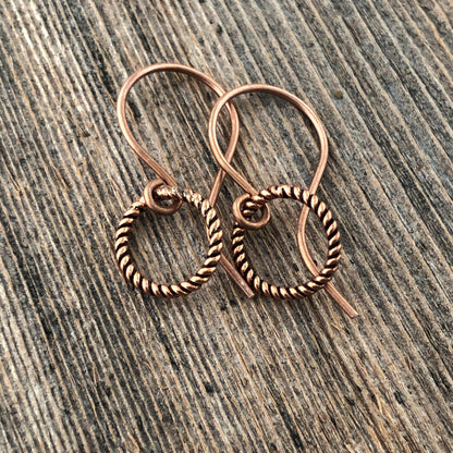 Small Handmade Copper Hoop Earrings – Minimalist 10mm Twisted Wire Hoops