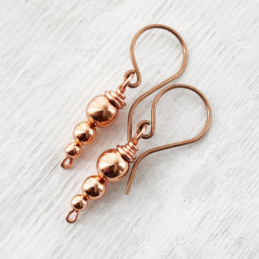Handmade Copper Drop Earrings with Wire-Wrapped Hollow Beads, Beaded Pure Copper Minimalist Earring Dangles