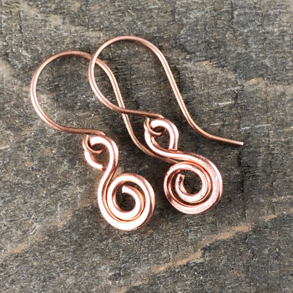 Minimalist Copper Swirl Earrings – Handmade Pure Copper Small Dangles
