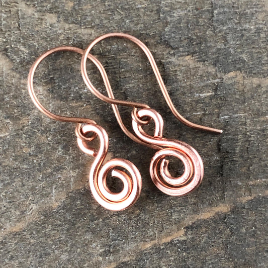 Minimalist Copper Swirl Earrings – Handmade Pure Copper Small Dangles
