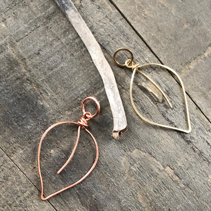 Copper Leaf Pendant, Artisan Wirework Leaf Necklace Charm, Hammered Copper or Gold Brass, Boho Nature Inspired
