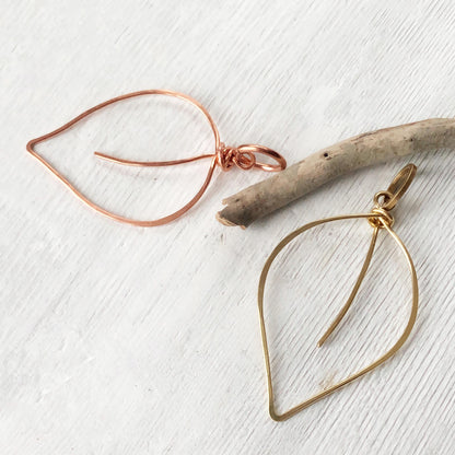 Copper Leaf Pendant, Artisan Wirework Leaf Necklace Charm, Hammered Copper or Gold Brass, Boho Nature Inspired
