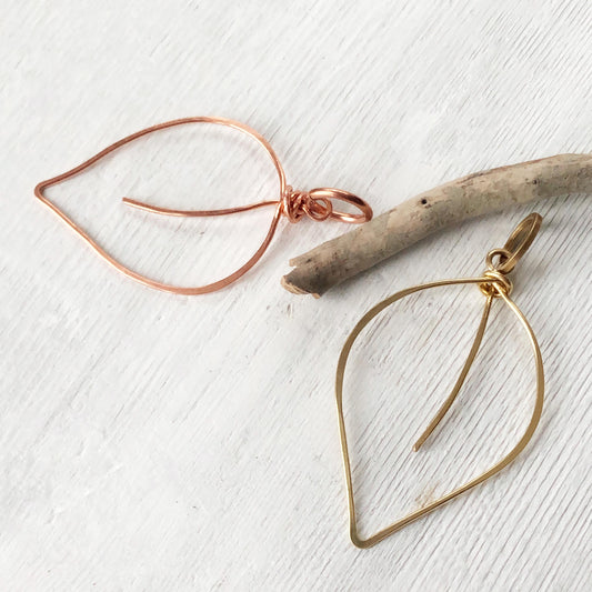 Copper Leaf Pendant, Artisan Wirework Leaf Necklace Charm, Hammered Copper or Gold Brass, Boho Nature Inspired