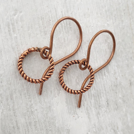 Small Handmade Copper Hoop Earrings – Minimalist 10mm Twisted Wire Hoops
