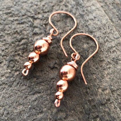 Handmade Copper Drop Earrings with Wire-Wrapped Hollow Beads, Beaded Pure Copper Minimalist Earring Dangles