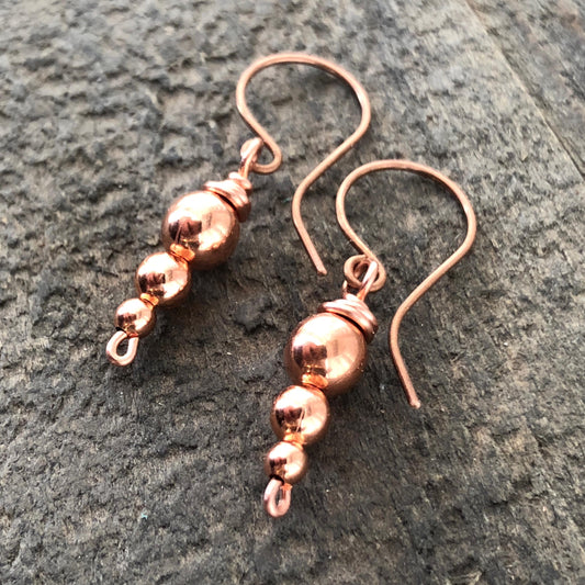 Handmade Copper Drop Earrings with Wire-Wrapped Hollow Beads, Beaded Pure Copper Minimalist Earring Dangles