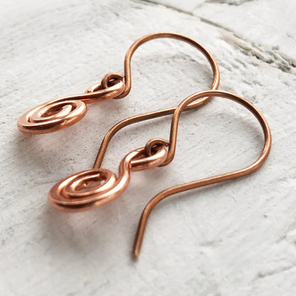 Minimalist Copper Swirl Earrings – Handmade Pure Copper Small Dangles
