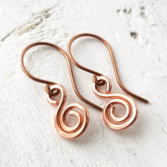 Minimalist Copper Swirl Earrings – Handmade Pure Copper Small Dangles