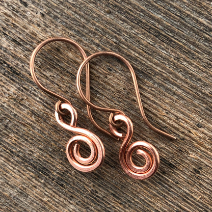 Minimalist Copper Swirl Earrings – Handmade Pure Copper Small Dangles