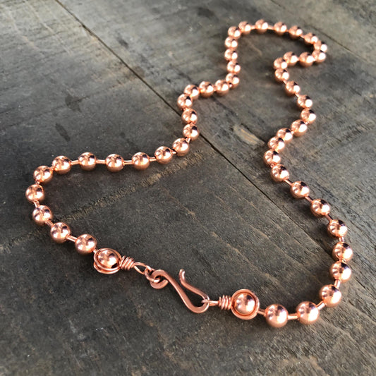 6mm Pure Copper Ball Chain Necklace – Handmade Artisan Clasp & Wire-Wrapped Loops