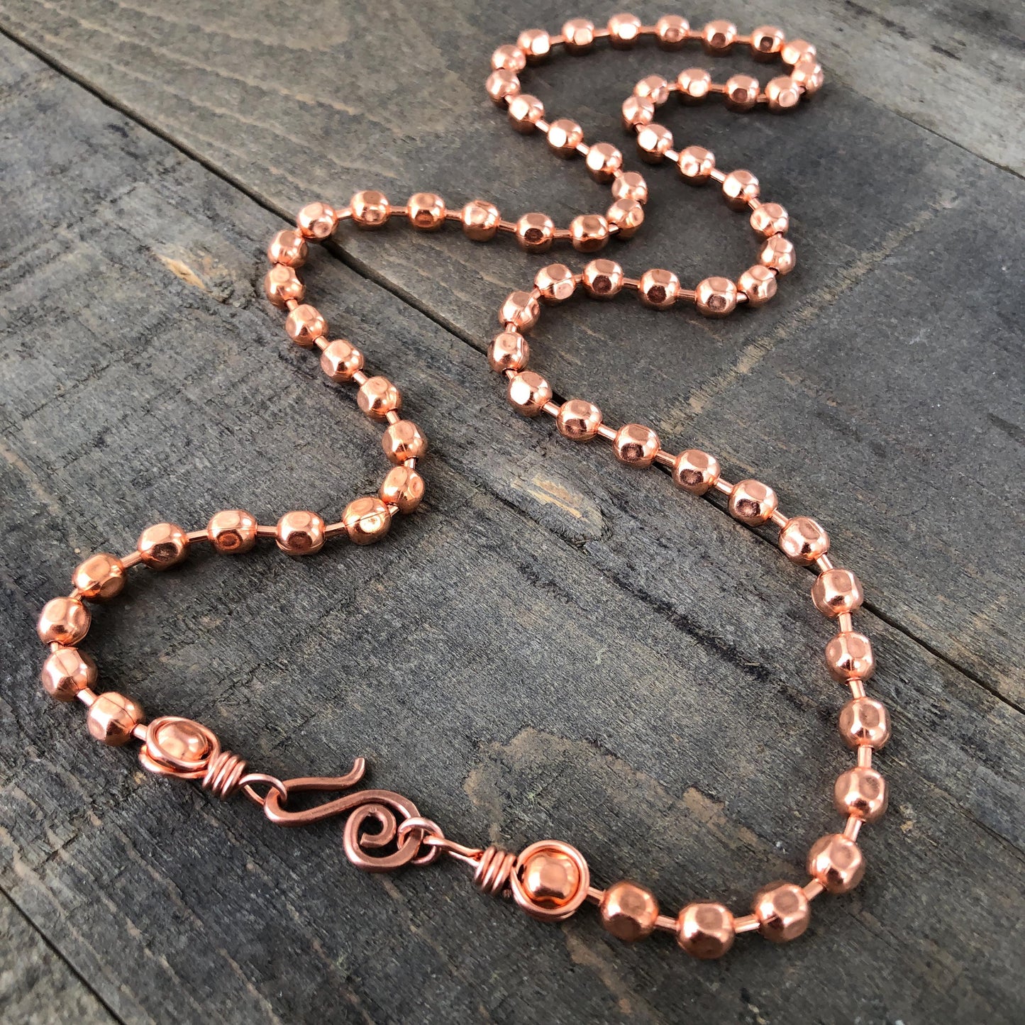 Chunky Textured Copper Necklace – 6mm Ball Chain with Wire-Wrapped Loops & Handmade Clasp