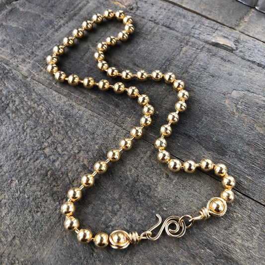 Chunky 6mm Brass Ball Chain Necklace – Handmade Artisan Clasp with Wire-Wrapped Loops
