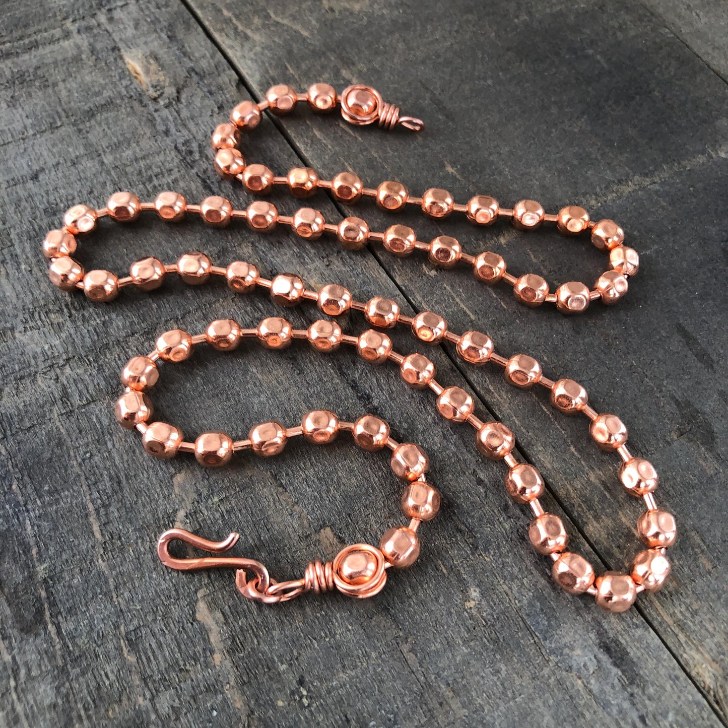 Chunky Textured Copper Necklace – 6mm Ball Chain with Wire-Wrapped Loops & Handmade Clasp