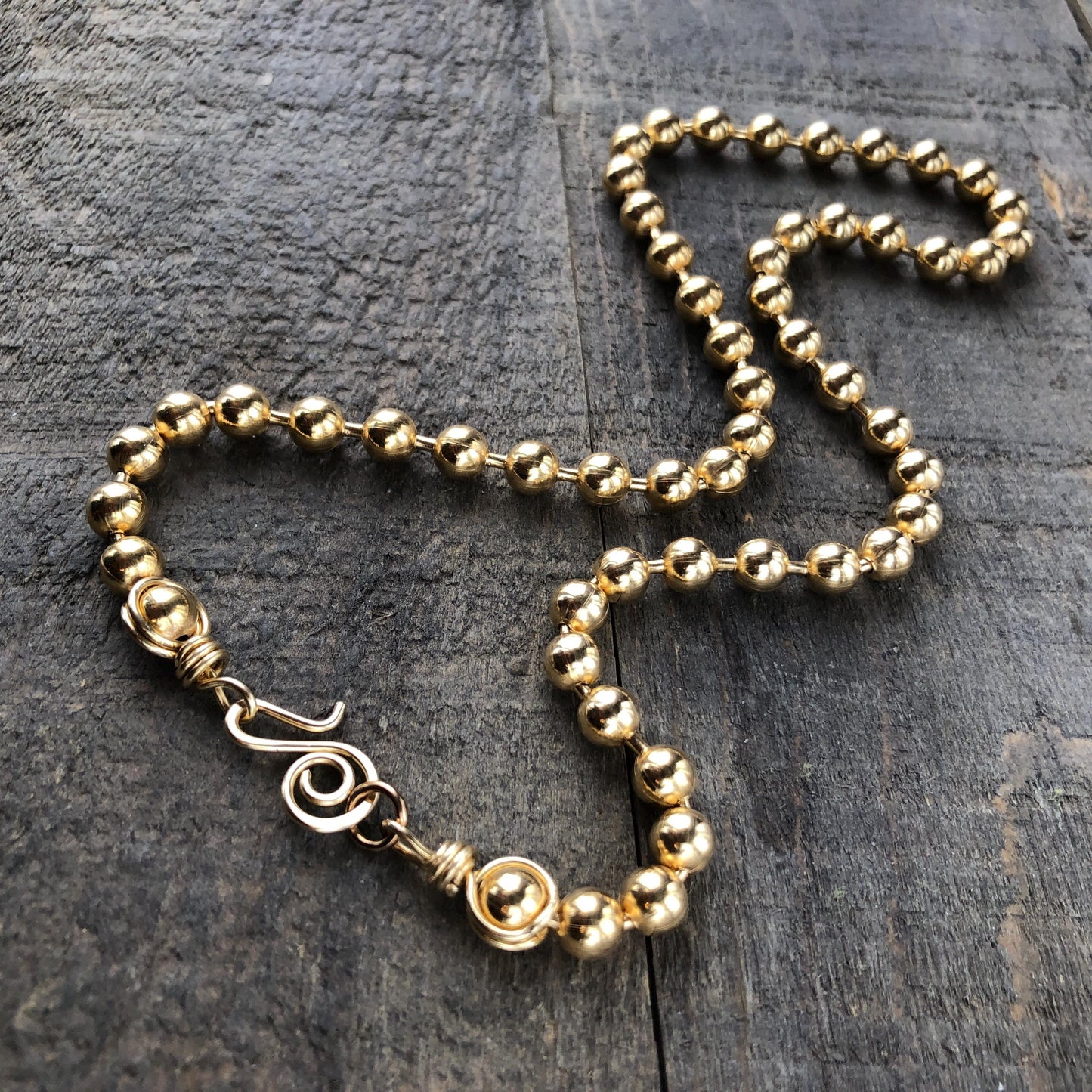 Chunky 6mm Brass Ball Chain Necklace – Handmade Artisan Clasp with Wire-Wrapped Loops