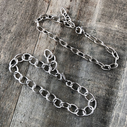 Stainless Steel Bracelet with Lobster Clasp, 9x11mm Roundish Link Adjustable Silver Color, Anklet / Charm Bracelet Chain