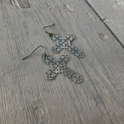 Filigree Cross Earrings - 1980s Retro Edgy