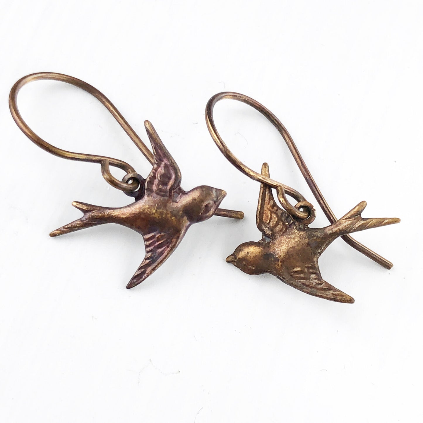 Little Bird Brass Earrings with Handmade French hooks, Patina’d Charms Little Antiqued Brass Sparrows