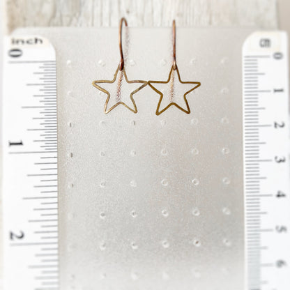 Boho Star Earrings – Open Star Brass Dangles, Hammered Antiqued Brass with Handmade Hooks