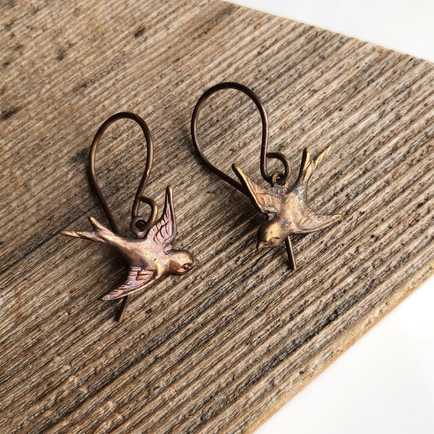 Little Bird Brass Earrings with Handmade French hooks, Patina’d Charms Little Antiqued Brass Sparrows