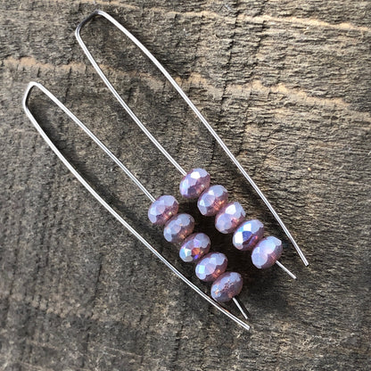 Opal Lilac Mini Glass Gem Threader Earrings, Rectangle Modern Ear Wires, Purple