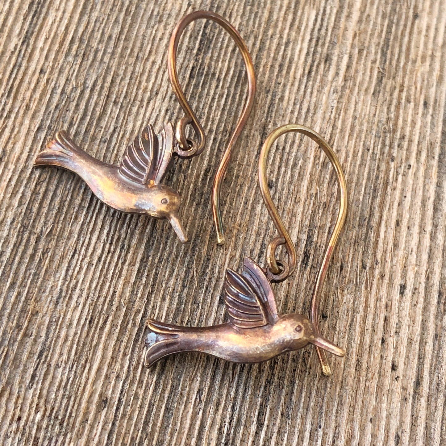 Hummingbird Brass Earrings – Handmade Patina’d Charms