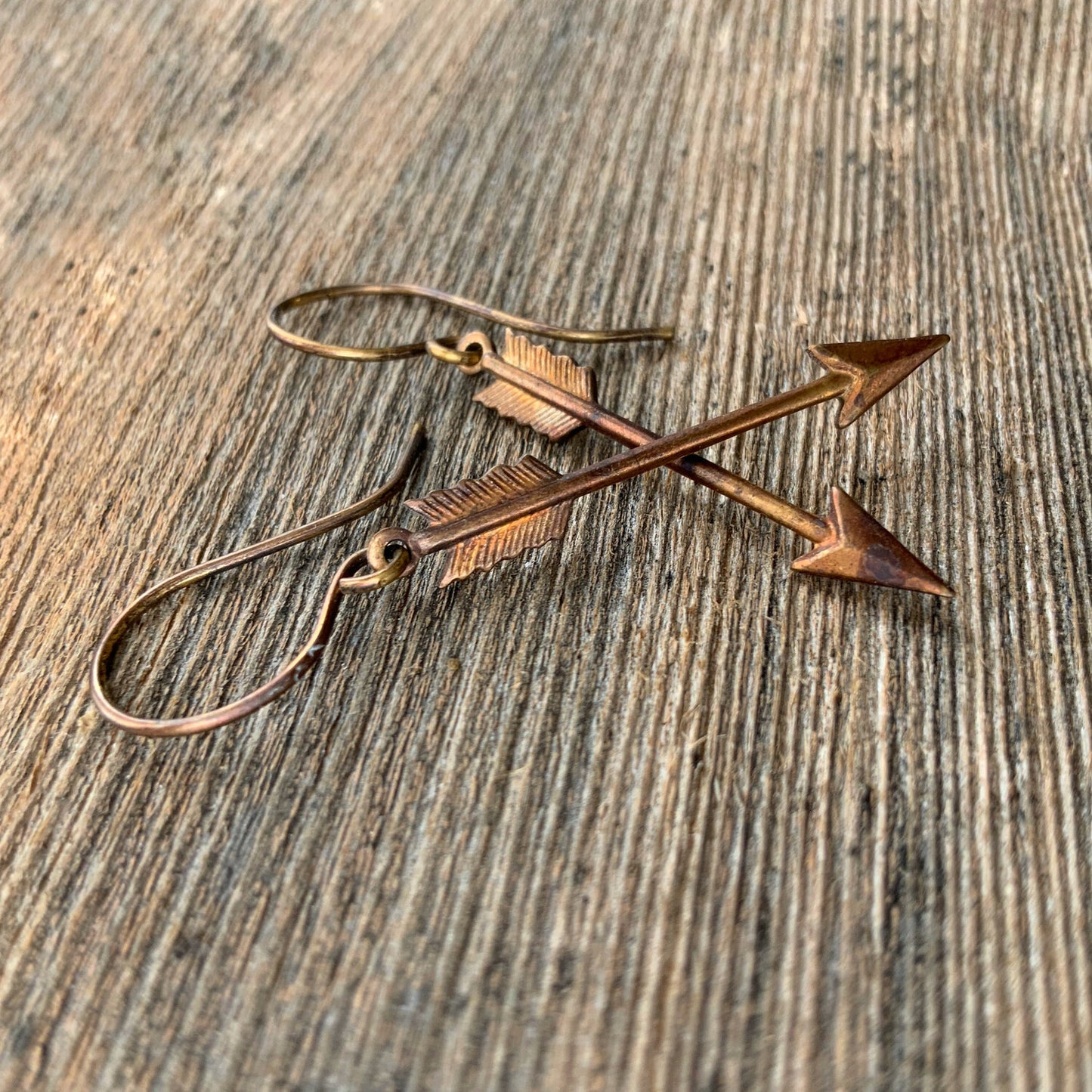 Arrow Brass Earrings with Handmade French hooks, Patina’d Charms