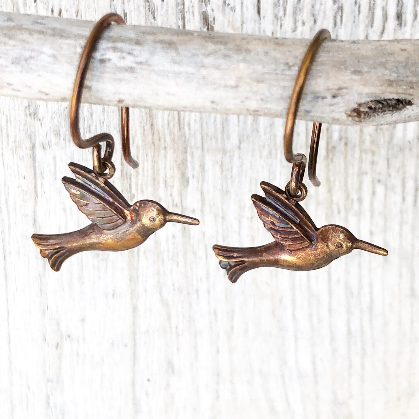 Hummingbird Brass Earrings – Handmade Patina’d Charms
