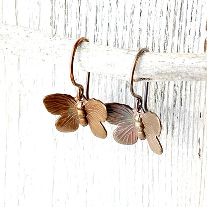 Butterfly Patina Brass Earrings with Handmade French hooks, Little Antiqued Brass Moth