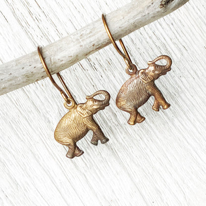 Elephant Brass Earrings with Handmade French hooks, Patina’d Charms Little Antiqued Brass Elephants