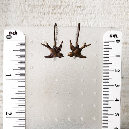 Little Bird Brass Earrings with Handmade French hooks, Patina’d Charms Little Antiqued Brass Sparrows