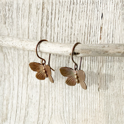 Butterfly Patina Brass Earrings with Handmade French hooks, Little Antiqued Brass Moth