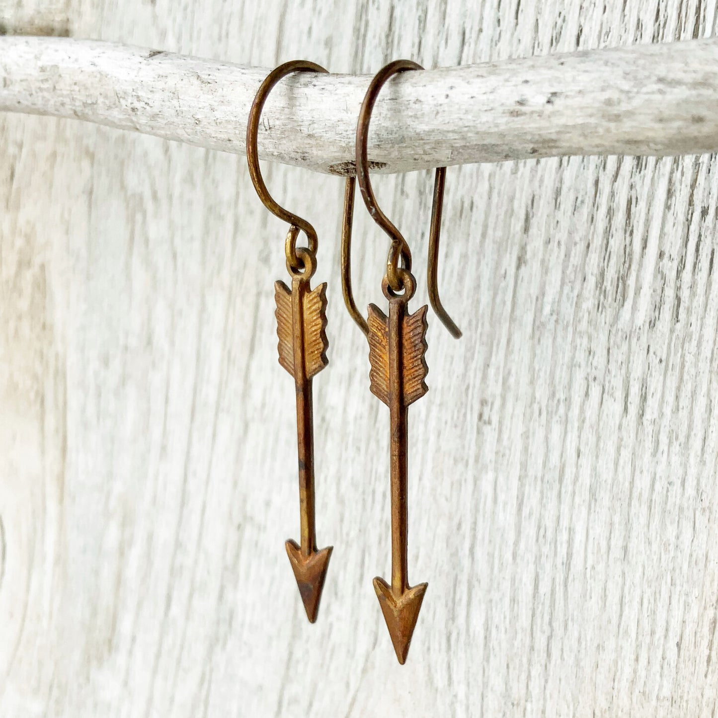 Arrow Brass Earrings with Handmade French hooks, Patina’d Charms