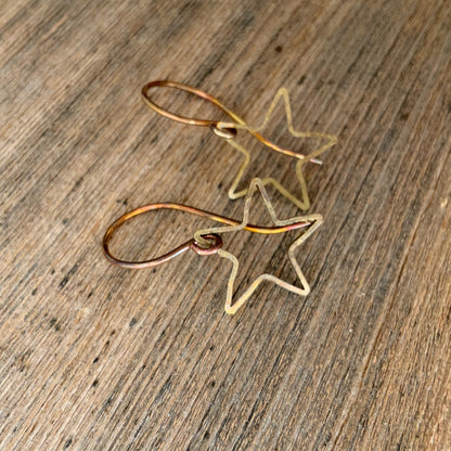 Boho Star Earrings – Open Star Brass Dangles, Hammered Antiqued Brass with Handmade Hooks