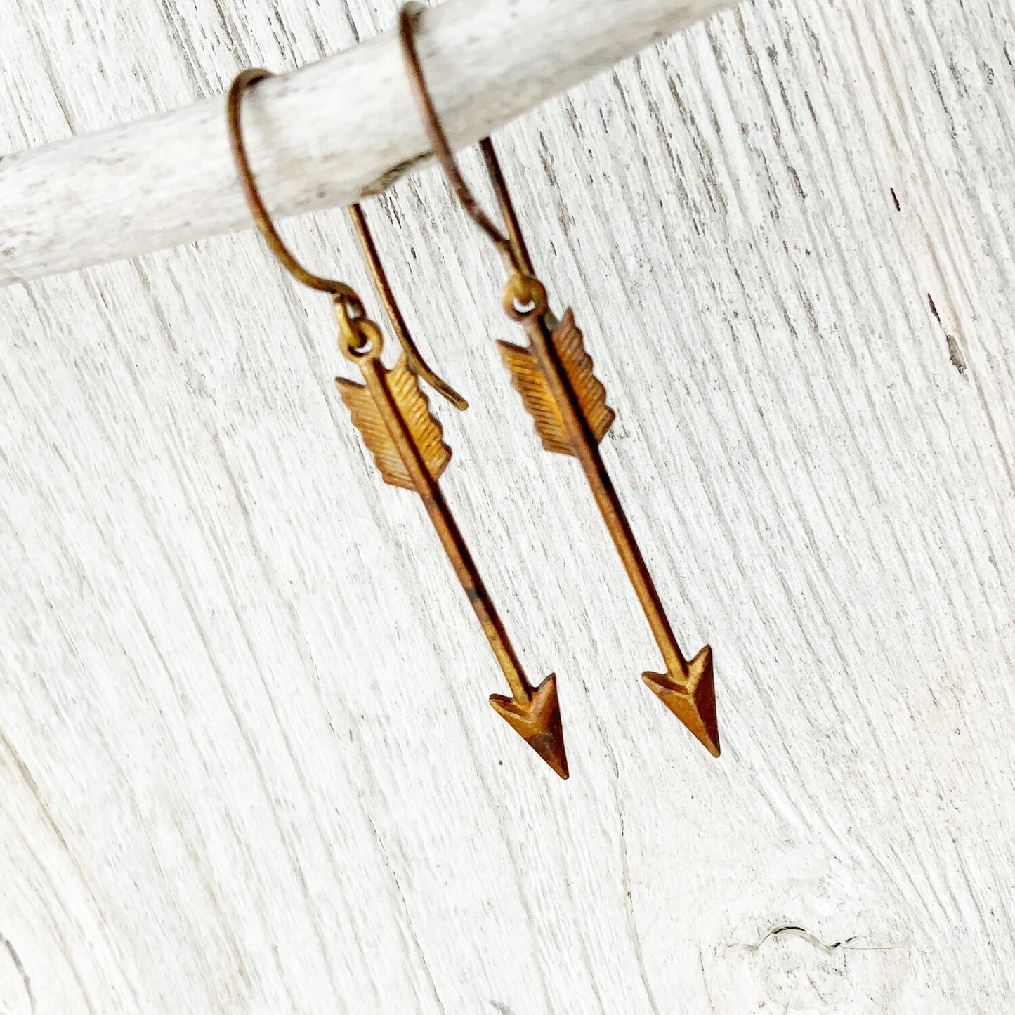 Arrow Brass Earrings with Handmade French hooks, Patina’d Charms