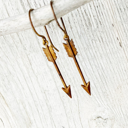 Arrow Brass Earrings with Handmade French hooks, Patina’d Charms