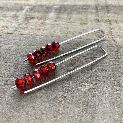 Red & Blood Orange Mini Glass Gem Threader Earrings, Rectangle Modern Ear Wires