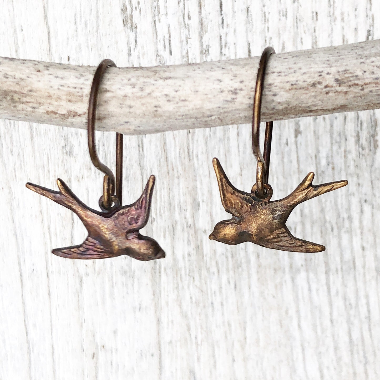 Little Bird Brass Earrings with Handmade French hooks, Patina’d Charms Little Antiqued Brass Sparrows
